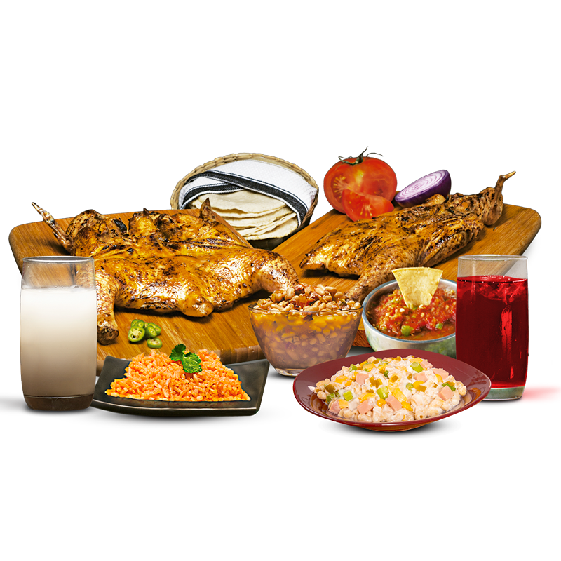 1 pollo y medio + 3 complementos + 2 aguas