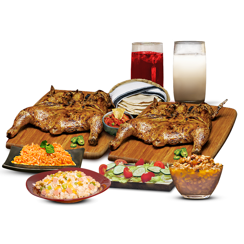 2 Pollos + 4 complementos + 2 aguas 500ml