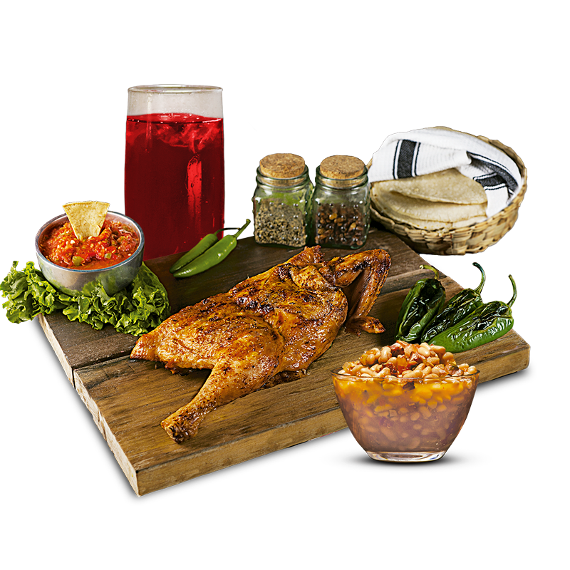 Medio pollo corte tradicional + 1 complemento + 1 agua de 500ml